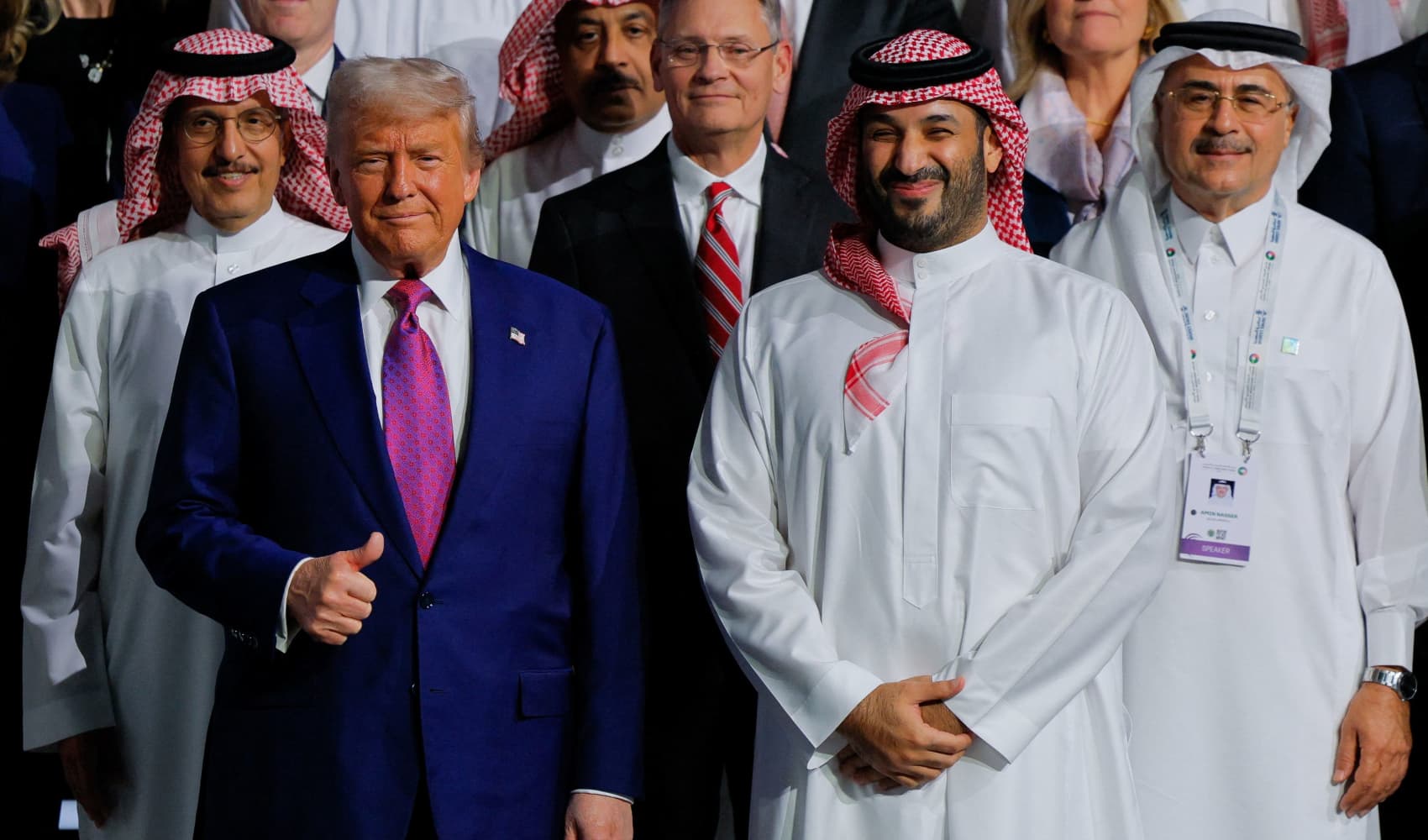 U.S. President Donald Trump and Saudi Crown Prince Mohammed Bin Salman pose for a group photo during the Saudi-U.S. Investment Forum, in Riyadh, Saudi Arabia, May 13, 2025.