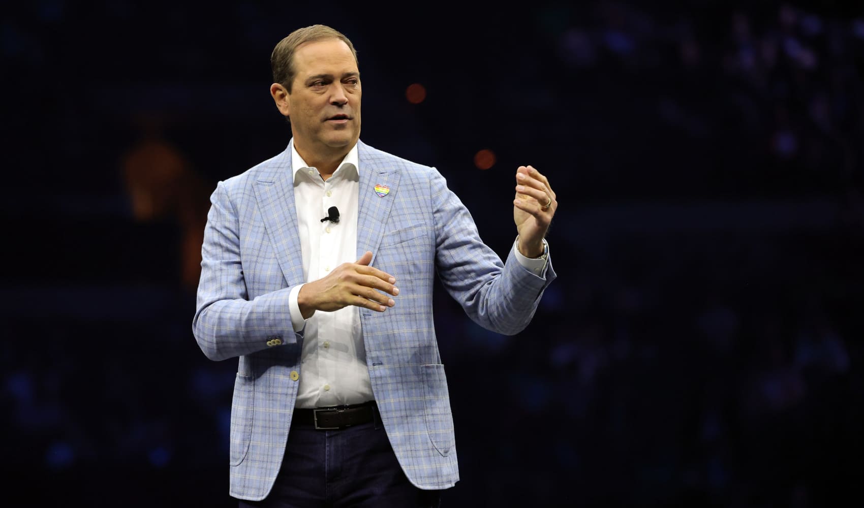 Cisco Chairman and CEO Chuck Robbins speaks at a keynote address at the Cisco Live! conference in Las Vegas on June 7, 2023.
