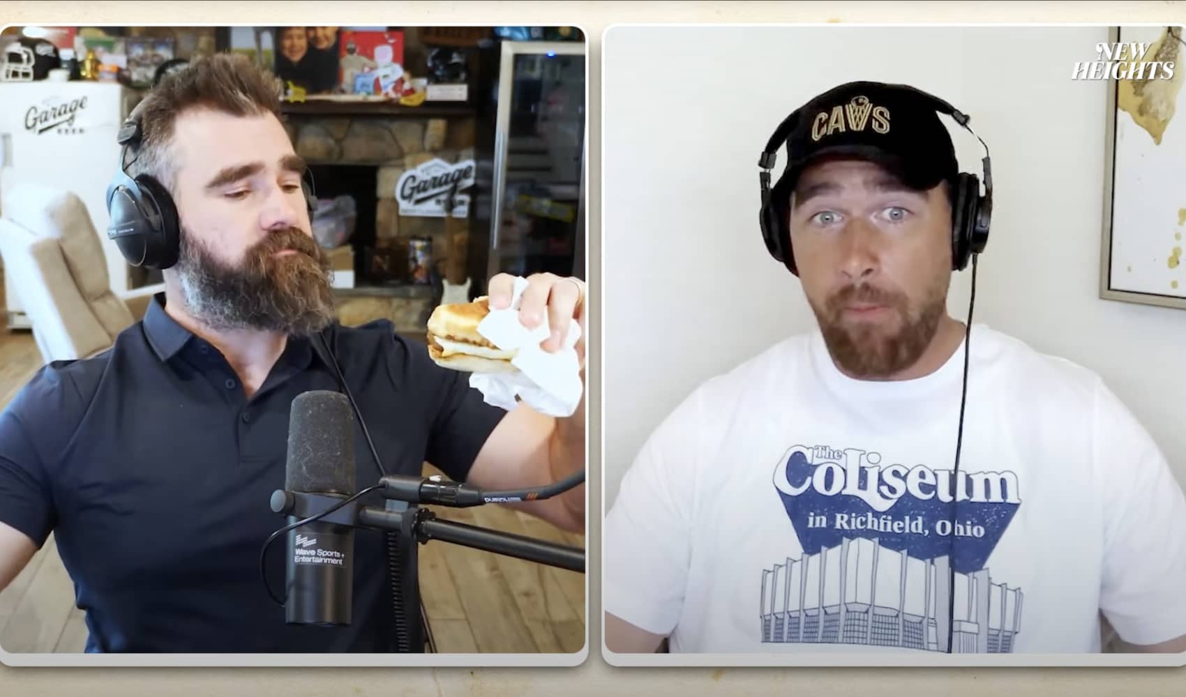 Jason and Travis Kelce with Dunkin Donuts on the New Heights podcast.